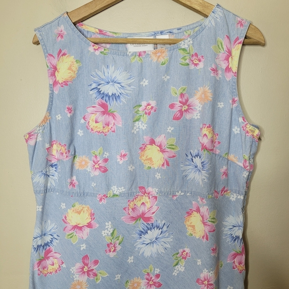 Liz Claiborne Vintage 90s Pastel Floral Chambray Dress Size 14 - Picture 3 of 6